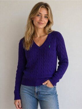 Ralph Lauren Sport Blue Purple Cable knit Green Pony V Neck Pullover